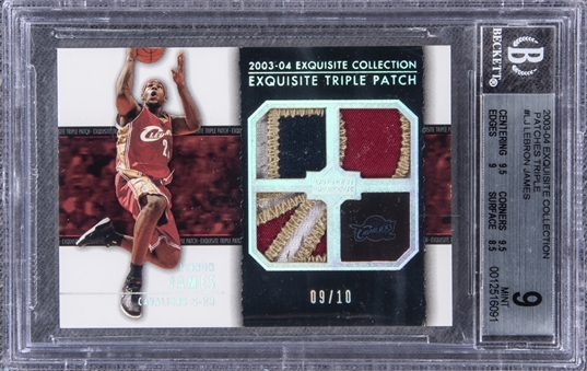 2003-04 UD "Exquisite Collection" Patches Triple #LJ LeBron James Game Used Patch Rookie Card (#09/10) – BGS MINT 9